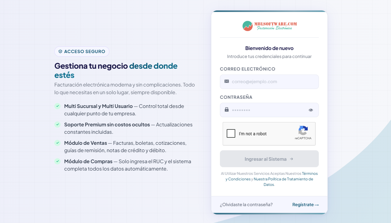 Pantalla de inicio de sesión de MBL Software